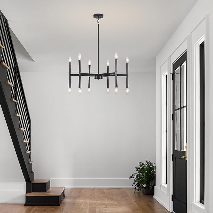 27.56 inch Large Black Modern Farmhouse Chandelier, Foyer Entryway Chandelier Light Fixture, Kitchen Pendant Lights Metal Industrial for Bedroom Dining Room Over Table Living Room Laundry Room