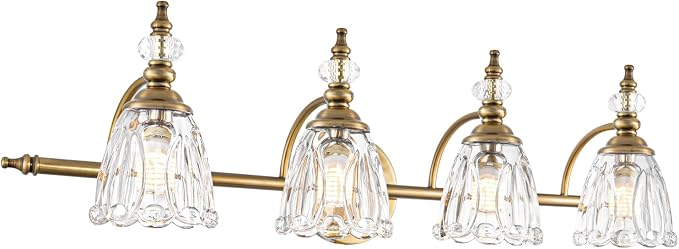 Brushed Antigue Brass Bathroom Light Fixtures 4 Lights, Antique Brass Vanity Light, Vanity Light Over Mirror, Vintage Bathroom Light with Clear Flower Glass, Lights for Wall Interior Hallway