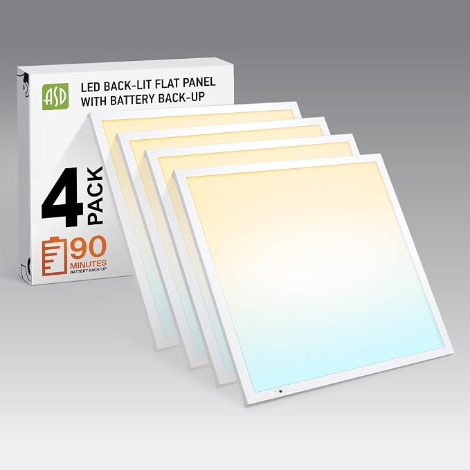 ASD 4 Pack 2x2 LED Flat Panel Light with Emergency Battery Backup - 20/25/30W UL DLC | 3573LM 3500K-5000K 120-277V Dimmable 2x2 LED Drop Ceiling Light Fixture | 2x2 Commercial Lights for Ceiling