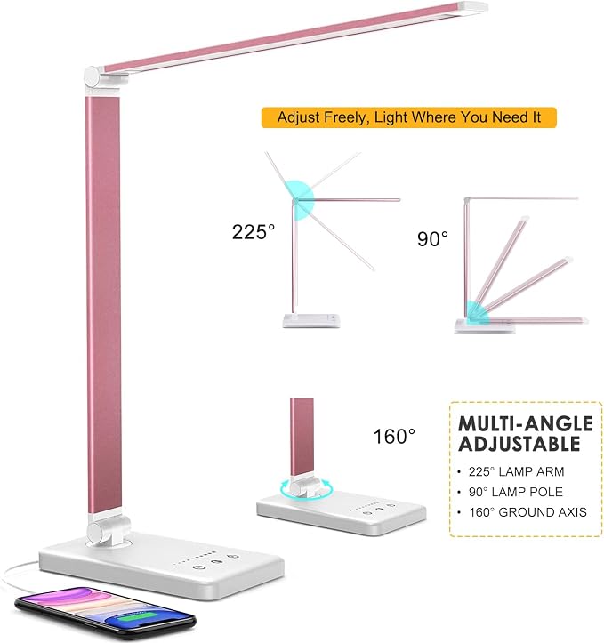 Led Desk Lamp, Desk Lamp with USB Charging Port, 5 Color Modes, 10 Brightness, Natural Light, Eye Caring Reading Lamp, Desk Light for Home Office, Table Lamp, Touch Control, Auto-Timer, Pink