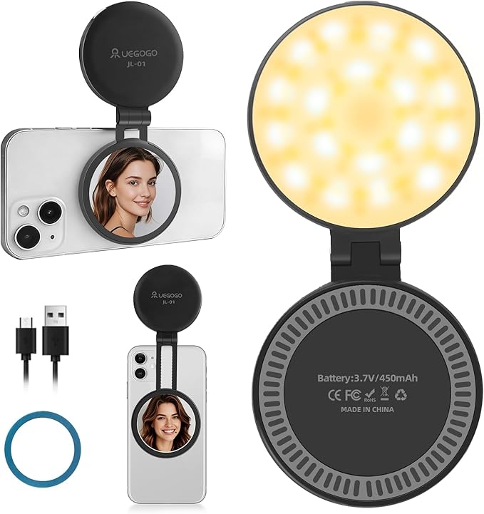 UEGOGO Magnetic Selfie Light with Mirror for iPhone, MagSafe Compatible LED Fill Light, CRI≥95, Foldable LED Phone Ring Light for Makeup, Photography, Video Calls & Vlogging