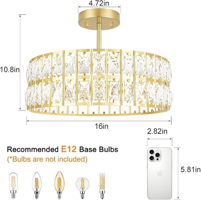 Lxybcce Crystal Ceiling Light Fixture, Modern Brushed Gold Ceiling Light Chandelier, Semi Flush Mount Chandelier Lighting Fixture for Kitchen Entryway Living Room Dining Room, 5-Light, 16 Inch