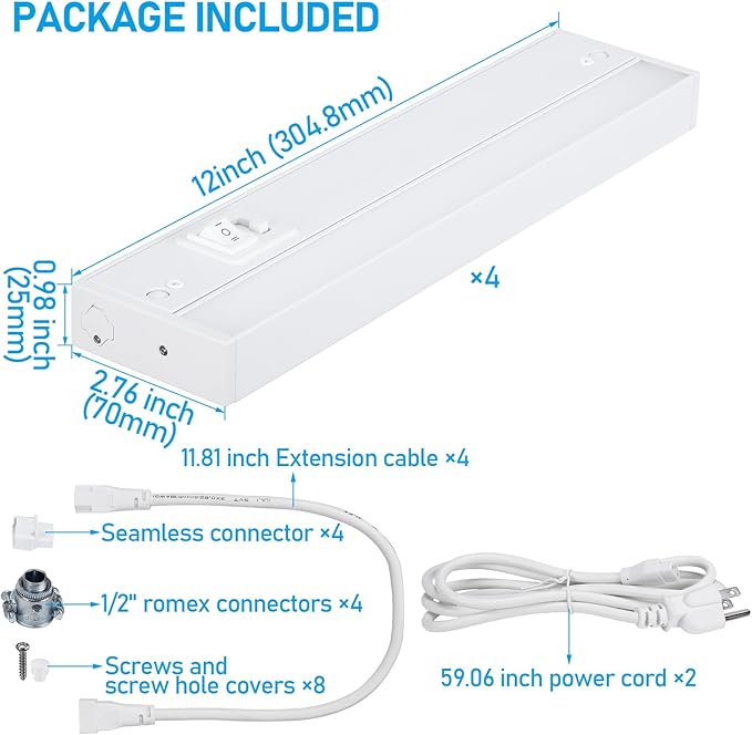 TORCHSTAR 12 Inch LED Under Cabinet Lighting 5CCT, ETL T24, 8W 600LM, Hardwired & Plug-in, 5 Color Selectable CRI90 120V Dimmable Under Counter Lights for Kitchen, White Aluminum Housing, 4 Pack
