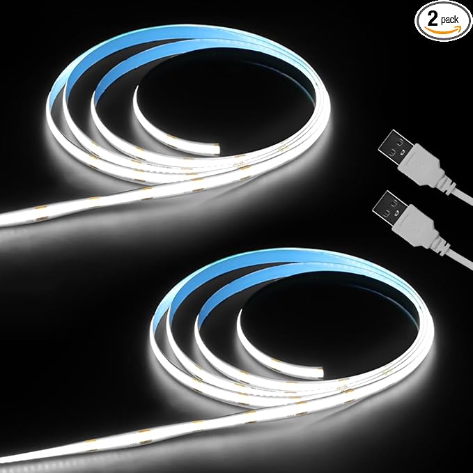 Aclorol COB LED Strip Lights 5V Cold White 6000K 3FT LED Light Strip High Density and Bright Under Cabinet Tape Light for Bedroom Bedframe Kitchen Sideboard Lighting Project 320LEDs/M (2 Pack)