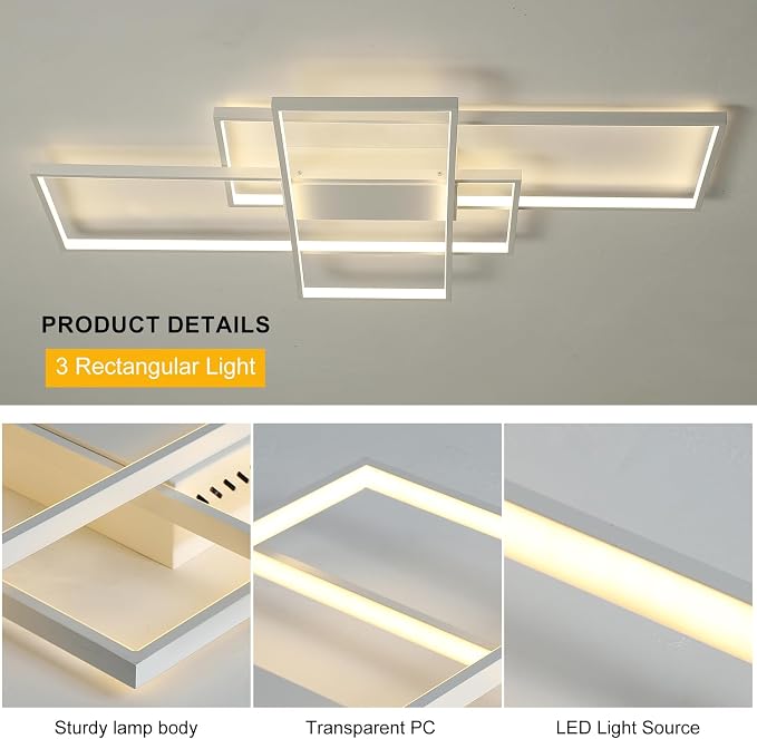 GEADI 35.4" Modern LED Flush Mount Ceiling Light, White | 50W Rectangle Ceiling Light Fixture with Remote Control, 3000K-6500K Adjustable for Kitchen, Bedroom & Living Room