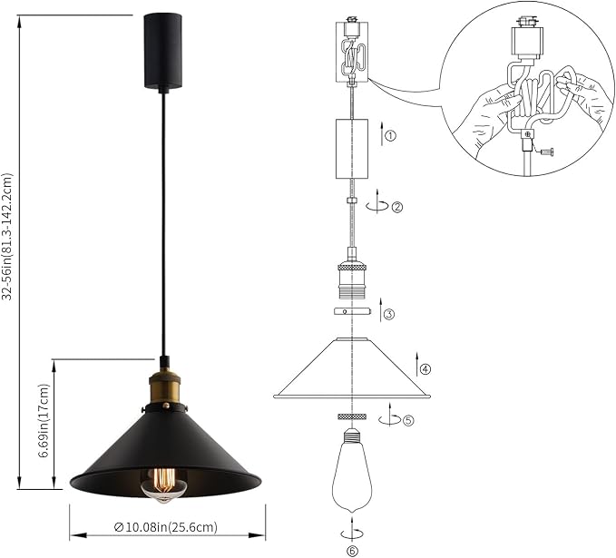 mirrea H-Type Matte Black Track Lighting Pendant with E26 Socket, Black mini Cone Shade, Adjustable Hanging Fixture for Kitchen, Dining, Bar Lighting 1 Pack