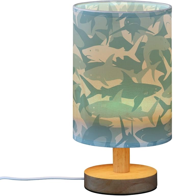 Table Lamp Blue Shark Pattern Marine Animal Nightstand Lamp with Wood Base Fabric Lamp Shade Bedside Desk Lamp for Living Room Bedroom Kids Room Office