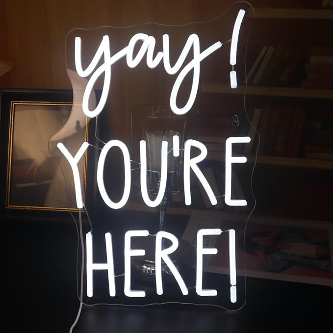 "Yay! You're Here!" Neon Sign, Positive Quotes Decorative Neon Lights for Home Room Classroom Wall Decor, Office Wall Decor Neon Light Sign, Christmas Birthday Gift,Thanksgiving Gift(white)