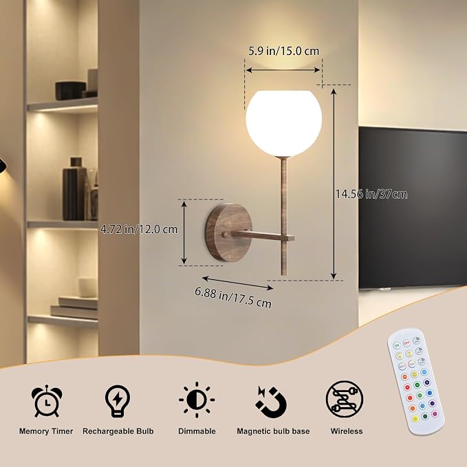 Walnut Grain Battery Operated Wall Sconces Set of 2, Rechargeable Wireless Wall Lights with Milky White Frosted Glass, 12 RGB and 3CCT Dimmable, Wall Lamps with Remote for Bedroom Living Room Hallway