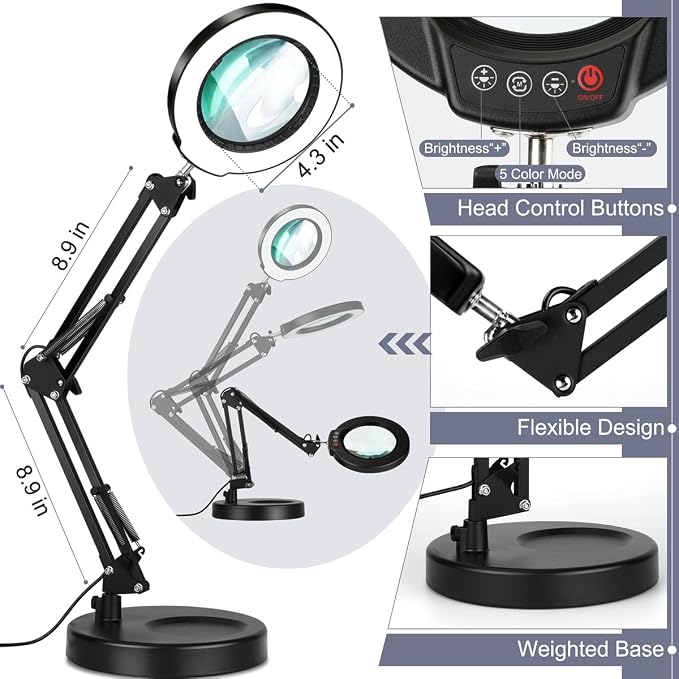 12X Magnifying Glass with Light, Krstlv Upgrade Button 5 Color Modes Stepless Dimmable 2-in-1 LED Lighted Desk Lamp & Clamp, Hands Free Magnifier with Light and Stand for Craft Hobby Repair Close Work