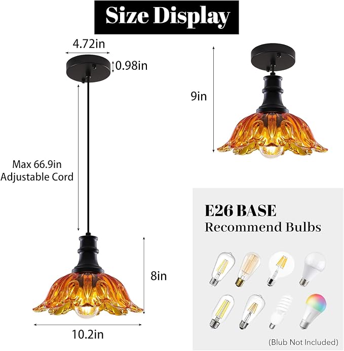 Orange Pendant Light, Vintage Pendant Lighting with Flower Glass Shade, Farmhouse Pendant Light Fixture for Kitchen Island, Kitchen Sink, Living Room, Dining Room, Foyer