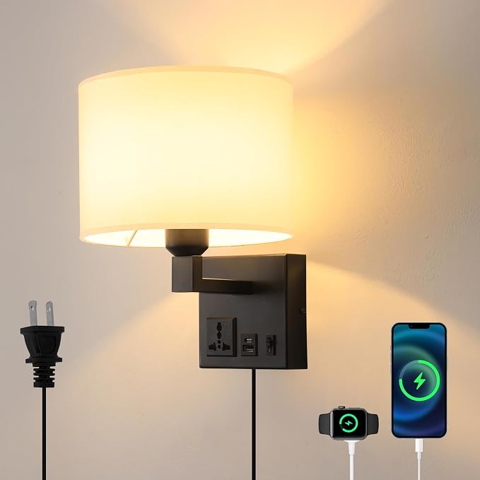 Plug in Wall Sconce, Wall Lamp with Black Base Cylindrical Shape | Wall Lamps for Bedroom Living Room Hotel, Dimmable 1pcs Bulb Included, Bedside Lamp with AC Outlet & USBA+C Charging Port