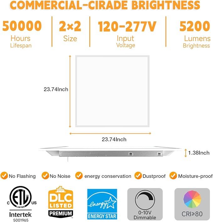 OKQ 2x2 LED Flat Panel Light Drop Ceiling Office Fixture,5 CCT 3000K-6500K Adjustable & 5 Wattage Selectable, 0-10V Dimmable, 2X2 LED Flush Mount Ceiling Light,ETL Listed 8 Pack