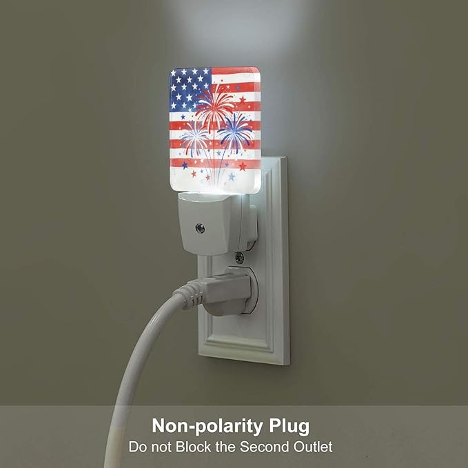 4th of July Patriotic Fireworks Night Light Set of 2 Plug-in | USA Auto Sensor LED Dusk-to-Dawn Nightlights, Sensor Lamp for Bedroom Bathroom Kitchen Hallway Stairs Decorative