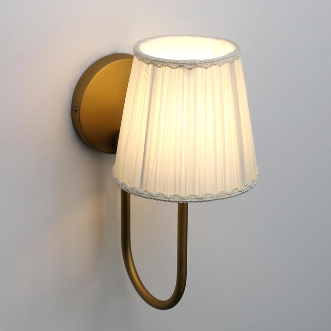 Vintage Set of 2 Fabric Wall Sconce Beige-White Gauze Cloth Shade, Hardwired Curved Arm Bathroom Vanity Lights, Indoor Wall Decor Lamp for Living Room, Kitchen, Bedroom, Foyer