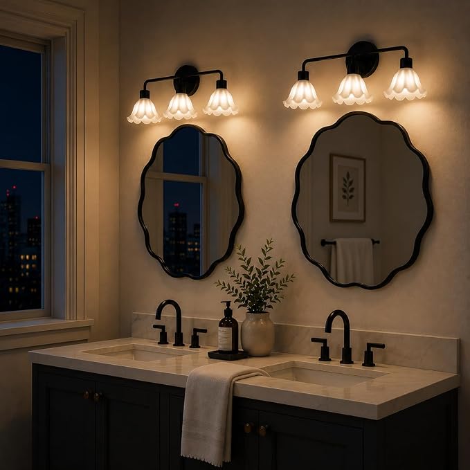 3 Light Black Bathroom Light Fixture,Modern Black Vanity Lighting Over Mirror,Cute White Glass Flower Lampshade,Wall Sconces,E26 Socket(Bulbs Not Included)