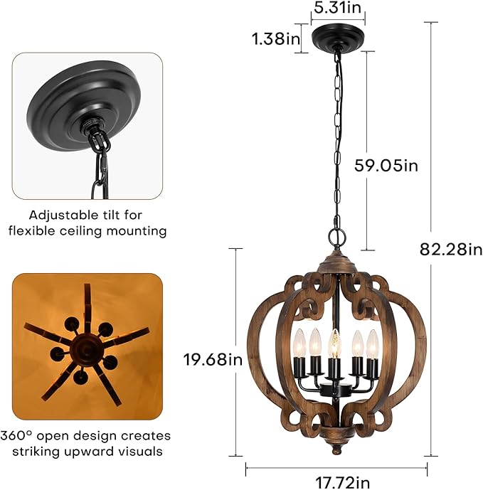 5-Light Rustic Farmhouse Chandelier, Wood Dining Room Light Fixture with Adjustable Chain, Easy Assembly for Kitchen Island, Bedroom, Entryway, Living Room