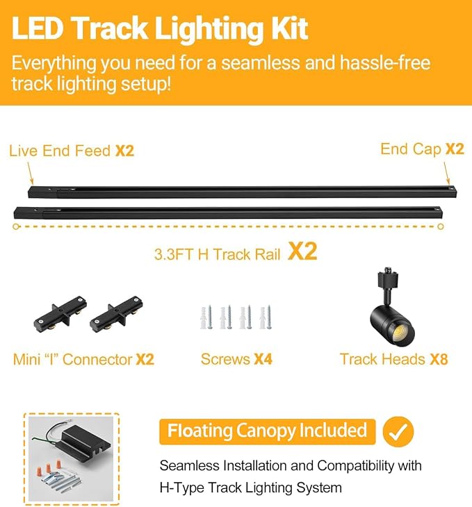 Zoomable 8-Light LED Track Lighting Kit with 6.6FT H Track Lighting Rail & Floating Canopy Connector, Modern Kitchen Track Lighting Fixtures Ceiling Spotlight, 12W Track Heads 4000K Black