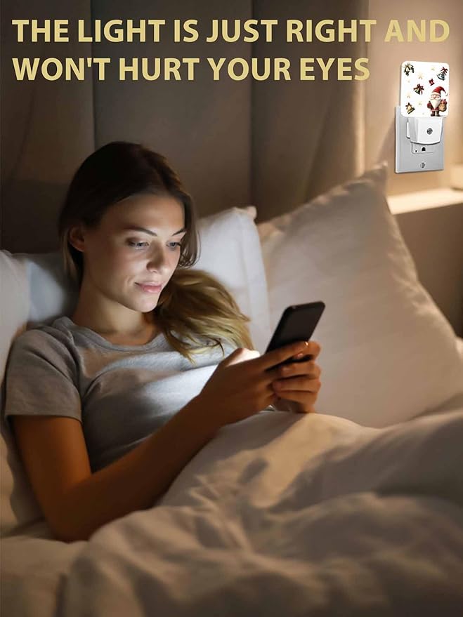 Christmas Night Lights Plug into Wall LED Night Light Santa Claus with Gift Snowflake Bell Winter Automatic Dimmable Dusk-to-Dawn Square Shaped Smart Nightlight for Bathroom/Bedroom