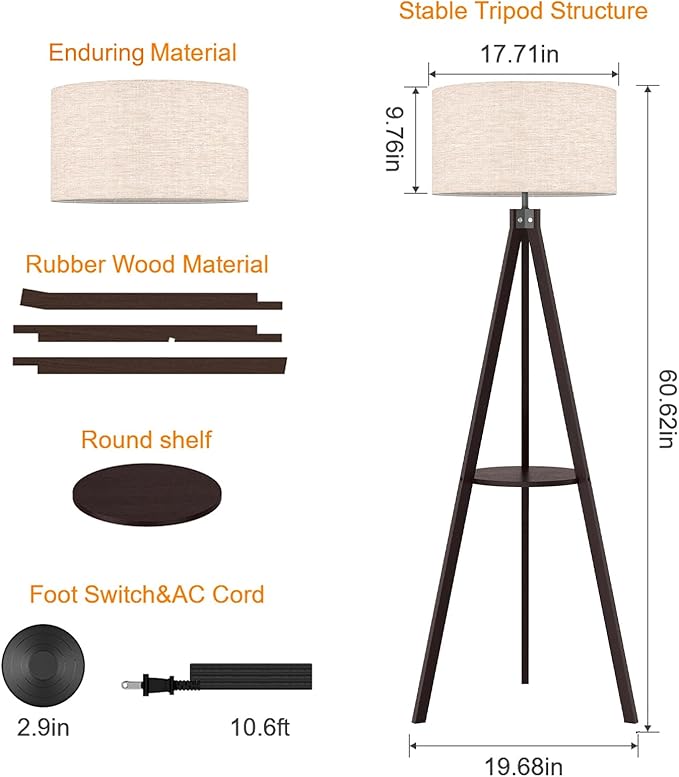 LEPOWER Shelf Floor Lamp Tripod Mid Century Modern Lamps for Living Room | Light-Diffusing Linen Shade, Premium Rubberwood, E26 Base, Foot Switch, Adding Warmth to Bedroom, Office & Corner Walnut