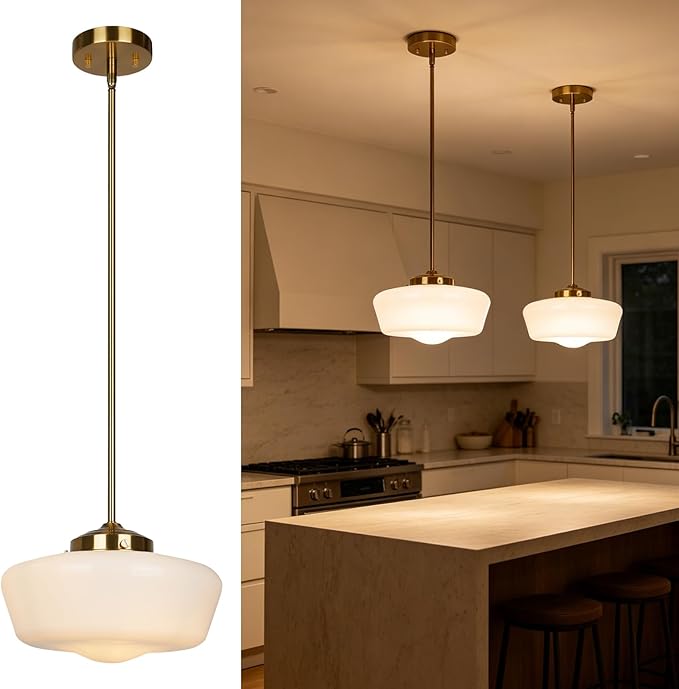 Schoolhouse Pendant Light Fixture, 12" Brass Hanging Light with Opal Milk Glass Shade, Adjustable Farmhouse Globe Pendant Light for Kitchen Island, Dining Room, Hallway, Entryway, Laundry, Bedroom