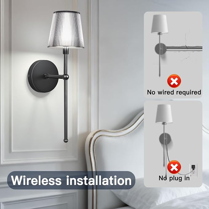 TaoFiaCo Battery Operated Wall Sconces Set of 2,Wireless Wall Sconce Black | 5200mAh Rechargeable, Remote, Timer, Dimmable, Cordless Wall Light for Bedroom Living Room, Hallway, Light Decor