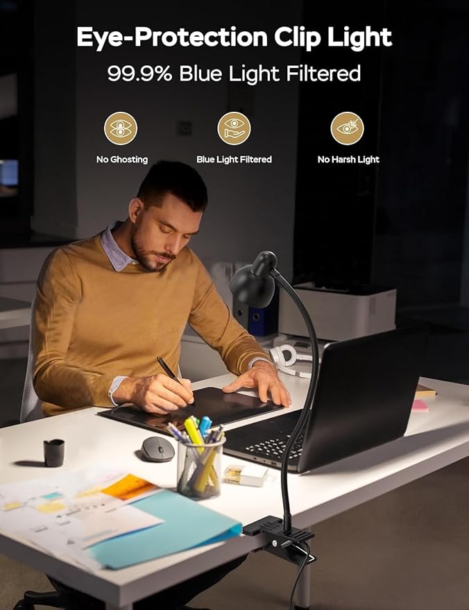 Clip on Light Reading Light for Bed 3 Color Modes Black | 10 Dimmable Brightness Eye Care Clamp Desk Lamp 360° Flexible Desk Book Light for Reading Bed Headboard Computer
