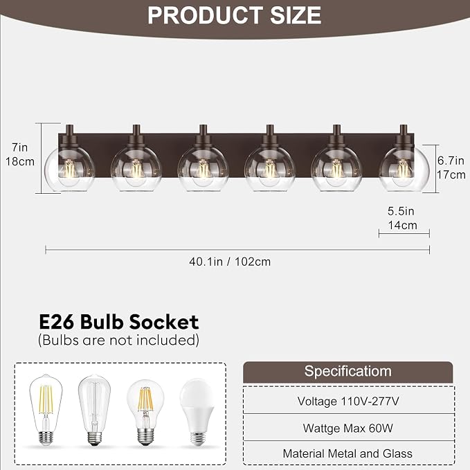 IZORRO Bathroom Light Fixtures, 6-Light Oil Rubbed Bronze Vanity Light, Modern Wall Sconces with Globe Clear Glass Shade, Vanity Lighting Fixtures Over Mirror,E26 Bulb Socket