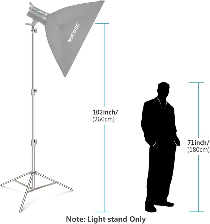 NEEWER 102"/2.6m Stainless Steel Light Stand, Spring Cushioned Heavy Duty Photography Tripod with 1/4” to 3/8” Universal Screw Adapter for Strobe, LED Video Lighting, Ringlight, Monolight, Softbox