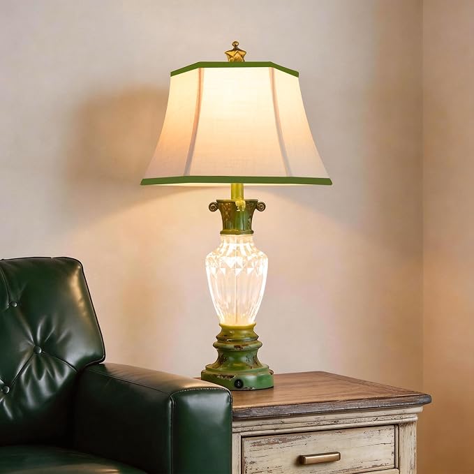 28.5" Vintage Green Table Lamps Set of 2 with Glass Nightlight | Farmhouse Lamps for Living Room Bedroom, 3-Color Temperature Bedside Lamp, Vintage Resin Lamp with Nightlight, Bulbs Included
