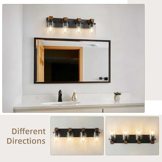 4-Light Farmhouse Bathroom Light Fixtures, Wood Matte Black Vanity Lights Over Mirror with Clear Glass Shades, Rustic Bathroom Lighting Wall Mounted Lamps for Living Room, Cabinet, Porch