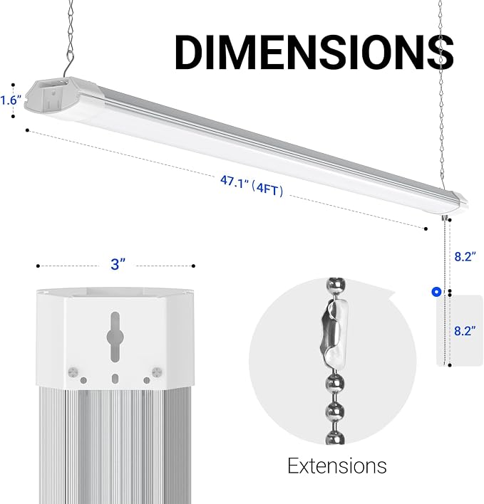 Barrina BS84 LED Shop Lights 4FT for Workshop, 84W 10000LM 6500K, 1 Pack | 4FT for Garage Basement, Hanging or Flush Mount, Linkable to 3, Hidden Wiring, with Pull Chain Switch, Frosted Cover, White