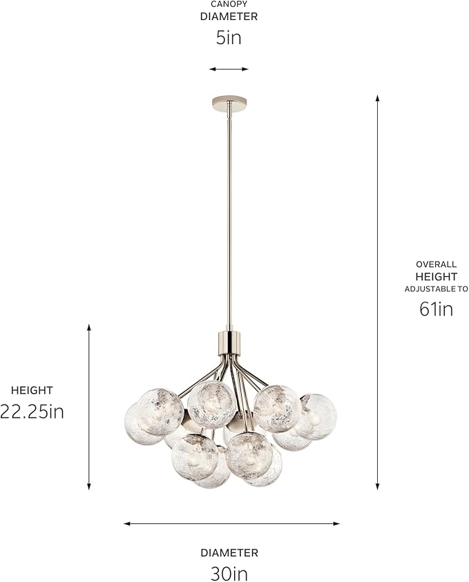Kichler Silvarious 12-Light Convertible Chandelier, Soft Modern Light with Clear Crackled Glass in Polished Nickel, for Dining Room, Living Room, Bedroom or Foyer (22.25" x 30"), 52701PN