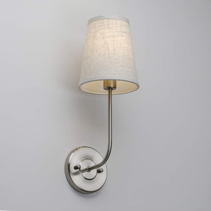 Single Classic Rustic Industrial Wall Sconce Light Fixture with Flared Funnel Linen Fabric Shade Nightstand Lamps for Bedrooms Bedside Reading (Brushed)