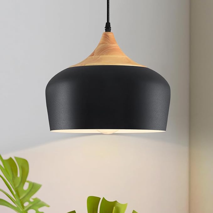11.8" Industrial Pendant Light, Oak Wood & Metal Drum Shade
