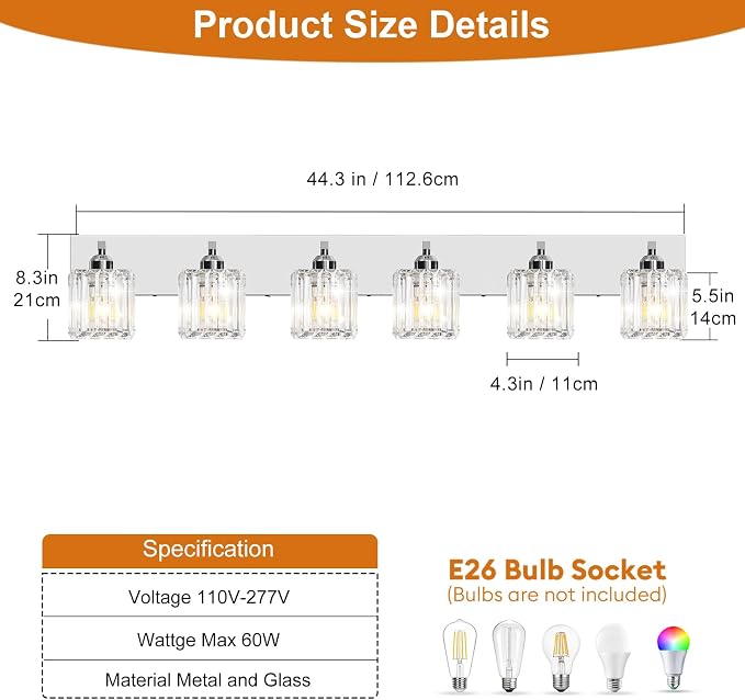 Brushed Chrome Crystal Bathroom Vanity Light, 6-Light Modern Bathroom Lighting Fixtures Over Mirror,Chrome Wall Sconce Light Fixtures with Square Shade