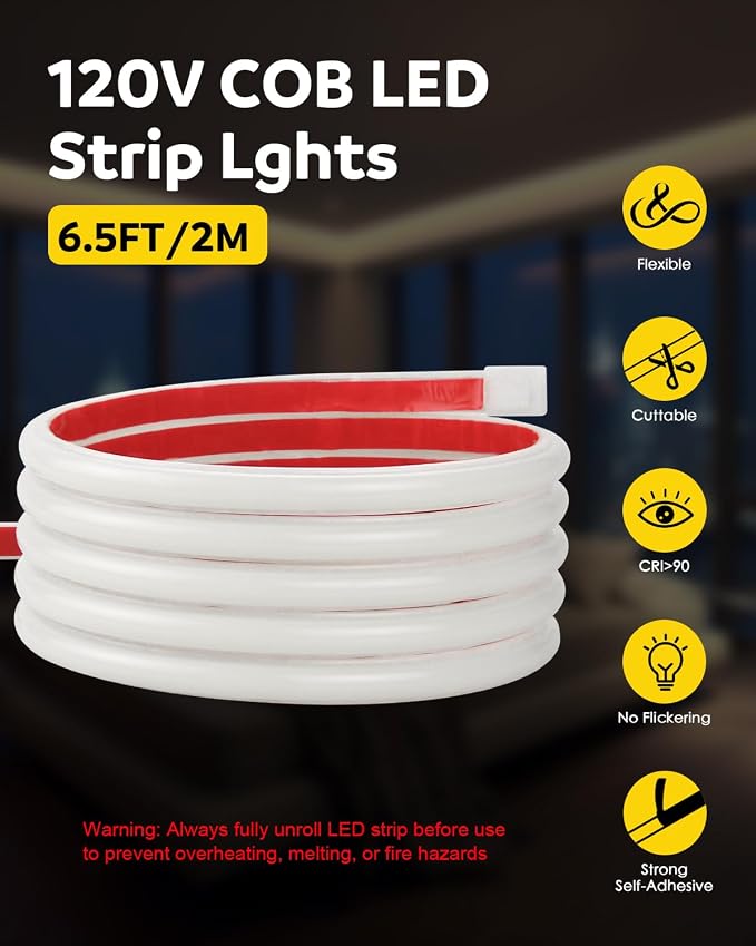 Aclorol AC 110V COB LED Strip Light Natural White 6FT/2M 576LEDs Flexible LED Rope Lights Outdoor Waterproof with 4.92ft Long Power Cable for Under Cabinets Bookshelf Living Room Shed Lighting 4000K