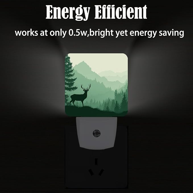 Misty Mountains Forest Night Light,Silhouette Deer Plug Into Wall for Boys Girls Bedroom Decorative Square Night Light Lamp 0.5w Sleep Friendly