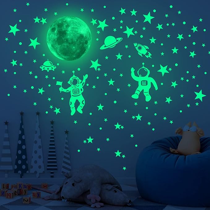 DIY Creativity Starry Sky Astronaut Night Light Stickers Cartoon Rabbit Wall Stickers Star Spaceship Night Light Stickers Room Decoration Wall Stickers (Space World)