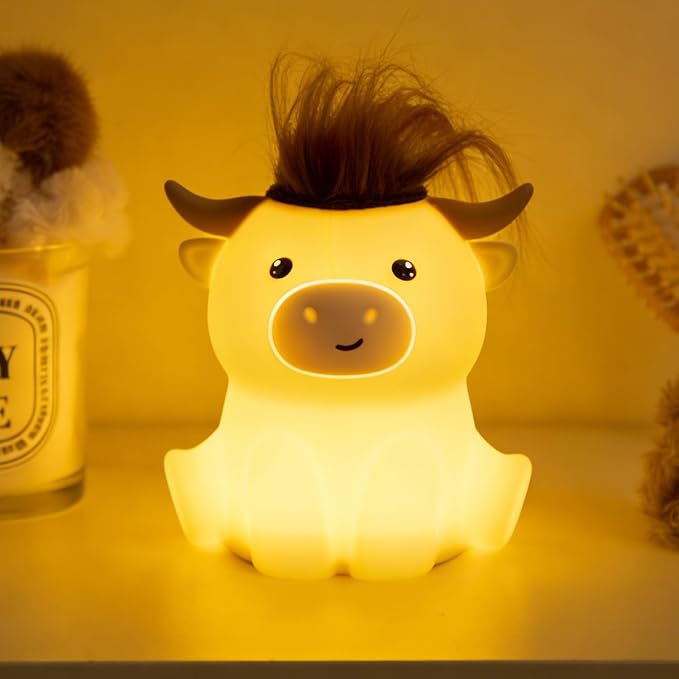 Cute Highland Cow Night Light, LED Squishy Night Lamp, 2 Levels Dimmable Timer Nursery Nightlight for Kids, Rechargeable Touch Lamp, Dorm Decor, Kids Funny Gifts (Highland Cow)