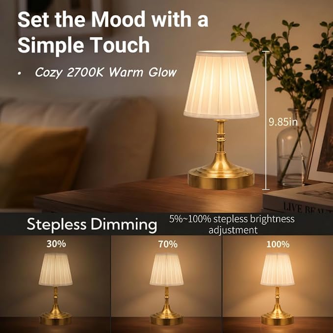 Gold Small Cordless Table Lamp Rechargeable,Mini Lamp - Kitchen Countertop | Battery Operated｜Touch Lamp｜Portable｜Restaurant Table｜Bookshelf | Counter Top ｜Wireless ｜Vintage｜Home Decor｜Farmhouse Boho