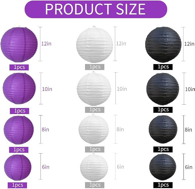 BEISHIDA Black Purple White Paper Lanterns 6/8/10/12Inch Round Chinese Lamp | 12Pcs,Paper lanterns party decorations,Chinese/Japanese Paper Lanterns,Birthday,Wedding,Christmas,Home decorative outdoor