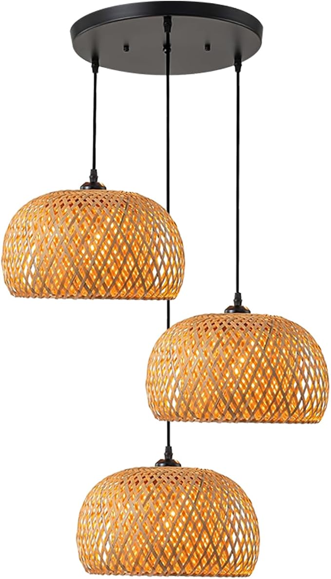 3 Light Open Weave Ceiling Hanging Fixture, Bulbs Not Included | Rustic Bamboo Pendant Light, Wicker Basket Shades, Adjustable 59", Hanging Lamp for Kitchen island Dining Table stairwell