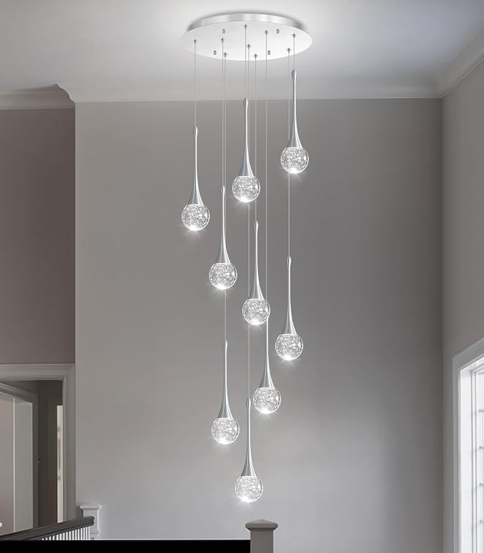 9 Light Modern Glam Crystal Chandelier for High Ceiling LED Dimmable Ceiling Pendant Light Staircase Foyer Enterway Living Room Chandelier Lighting Antique Silver