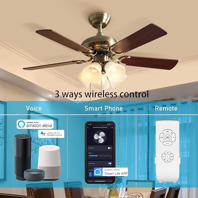 Smart Wi-Fi Ceiling Fan Remote Control Kit, 3 Fan Speed & Light Dimmer,Compatible with Alexa & Google Home Smart Life APP