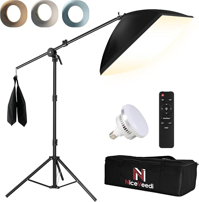 NiceVeedi Softbox Photography Lighting Kit, 20'' x 28'' 85W 3000K-6000K E27 LED Bulb Softbox Lighting Kit with Boom Arm & 91' Tripod, Overhead Studio Lights for Photography/Live Streaming/Portrait