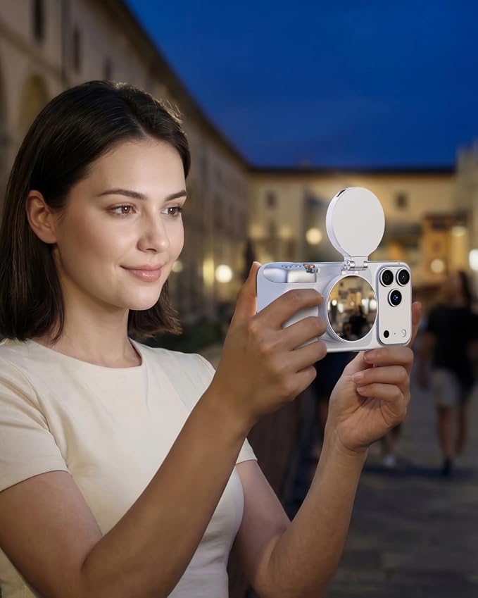 TELESIN Upgraded 4-in-1 Magnetic RGB Selfie Ring Light with Mirror & Phone Stand, Rechargeable Portable Clip On Fill Light for iPhone Samsung TikTok, Vlogging, Makeup, Photography, Streaming (White)