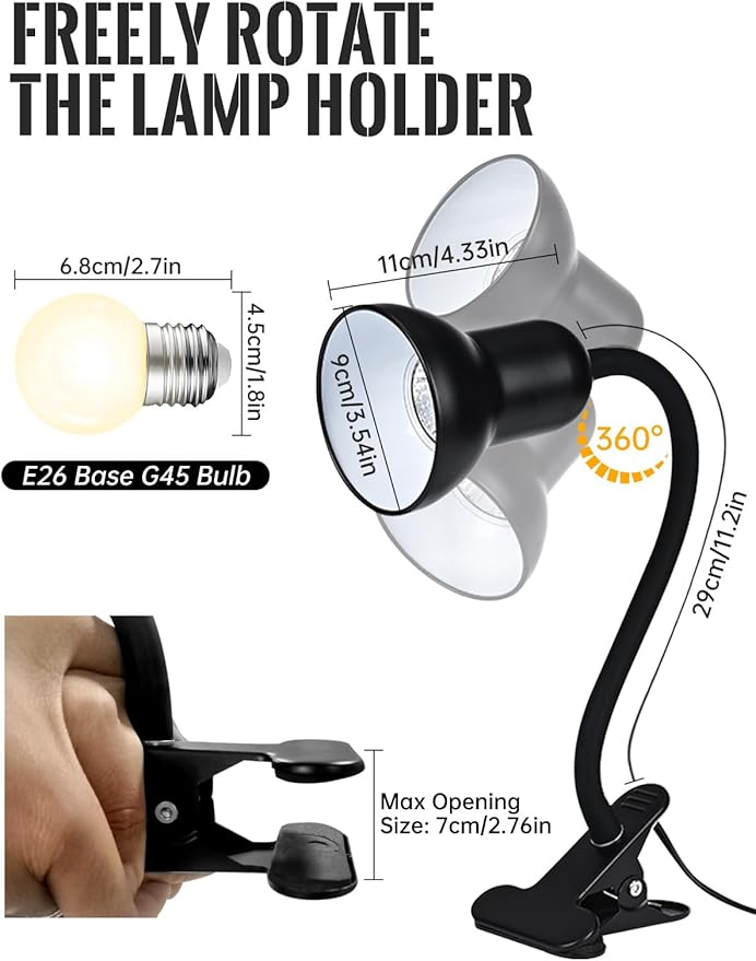 Clip On Gooseneck Lamp - 60W Max, Ceramic Fire-Resistant E26 Socket, Classic Durable Switch, Adjustable Flexible Clamp Light for Desk, Workbench, Bed Headboard, Table, Heat (Dimmable Clip Desk Light)