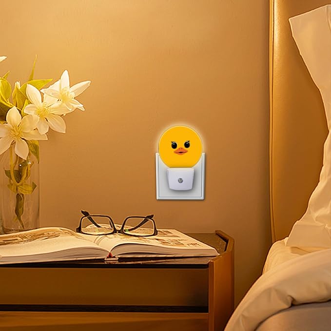 Round LED Night Lights Lamp with Dusk to Dawn Sensor, Bright Yellow Backdrop with Cartoon Duck Visage Night Light Plug Into Wall for Kids Room, Bedroom, Bathroom, Kitchen, Hallway