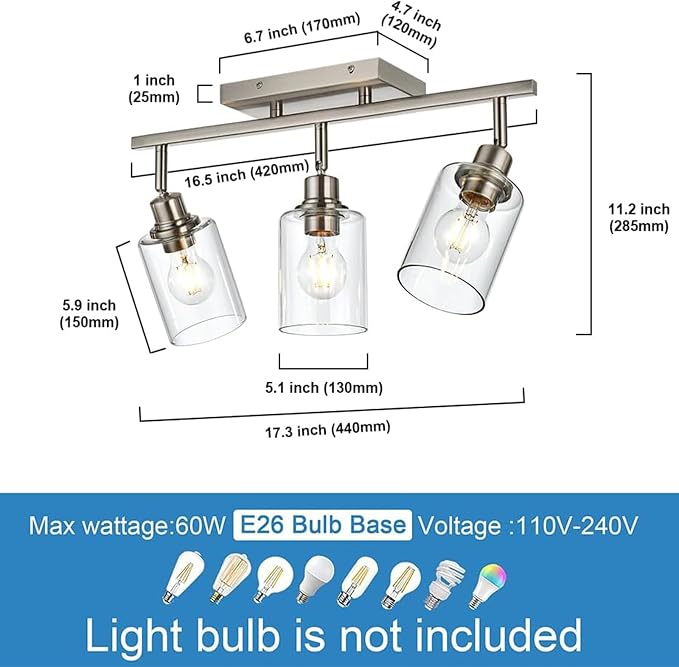 3 Light Track Lighting Fixtures Ceiling, Brushed Nickel Wall Scones | Modern Track Lighting Kit with Clear Glass, Rotatable Spotlight Ceiling Mount for Kitchen Shop Hallway Restaurants
